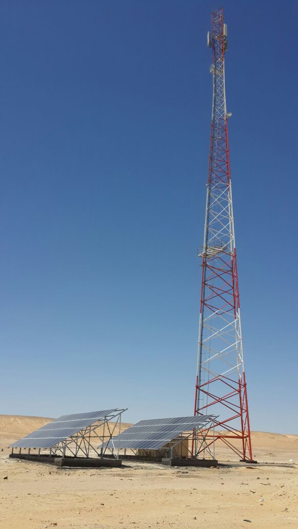 Completed tower and solar-panel installation.